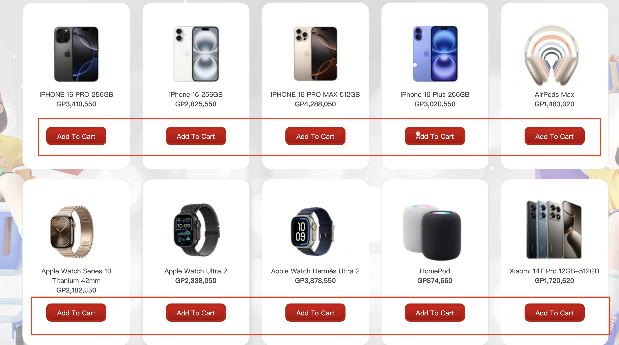 Add items to cart